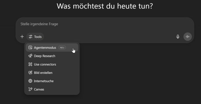 Der Agent lässt sich über Tools in jedem Chat auswählen. (Screenshot: Nils Matthiesen)